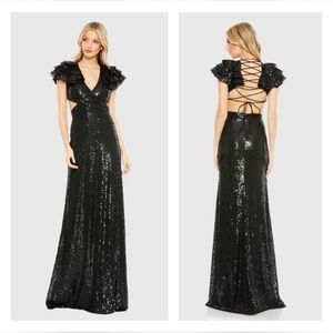 Mac Duggal 10829 NWT Sequined Ruffled Cut Out Lace Up Gown